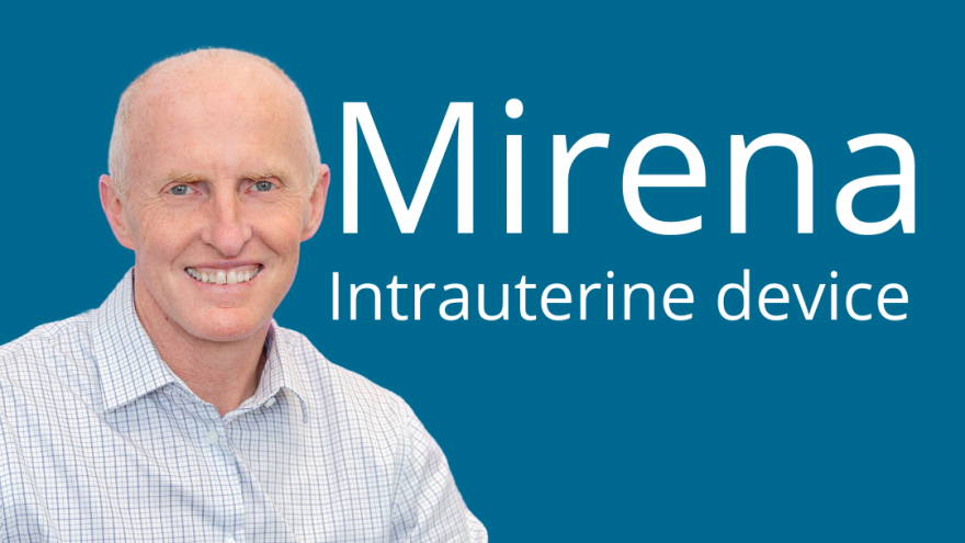 The words Mirena Interuterine Device on a blue background., with image of gynaecologist Dr Peter England sitting on left.