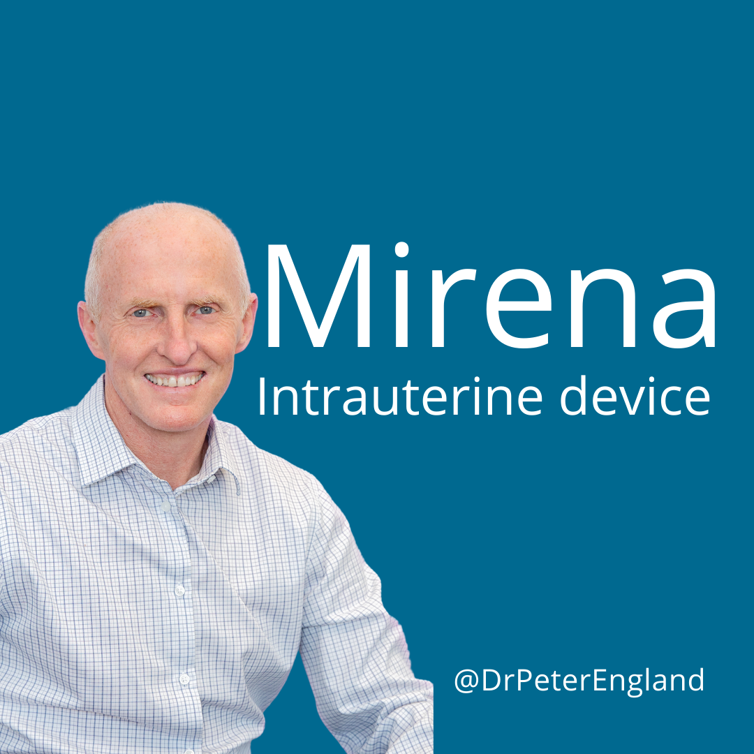 The words Mirena Interuterine Device on a blue background., with image of gynaecologist Dr Peter England sitting on left.